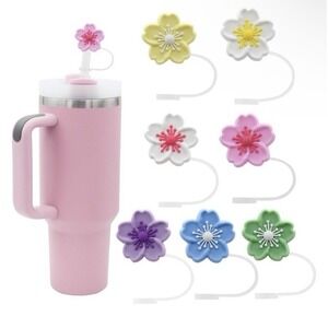 7 pc Stanley Straw Cap Covers Silicone Protector 30 &‎ 40 oz  Cherry Blossoms
